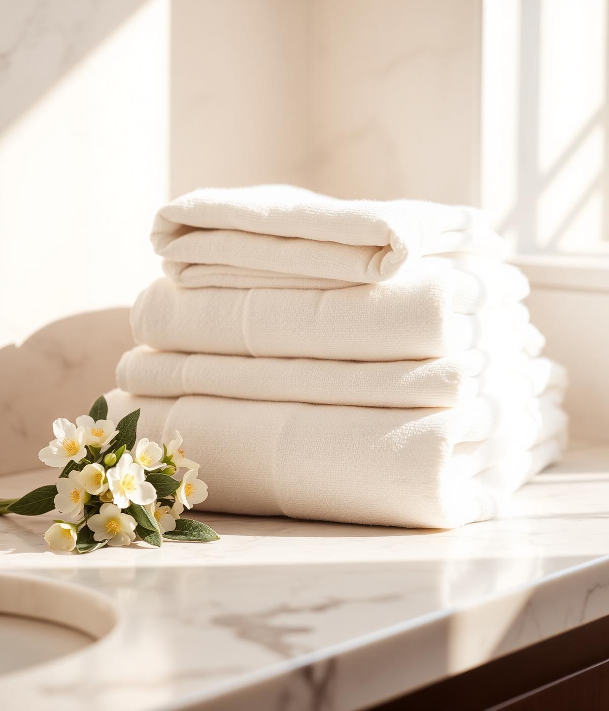 Folded linens and white florals on marble